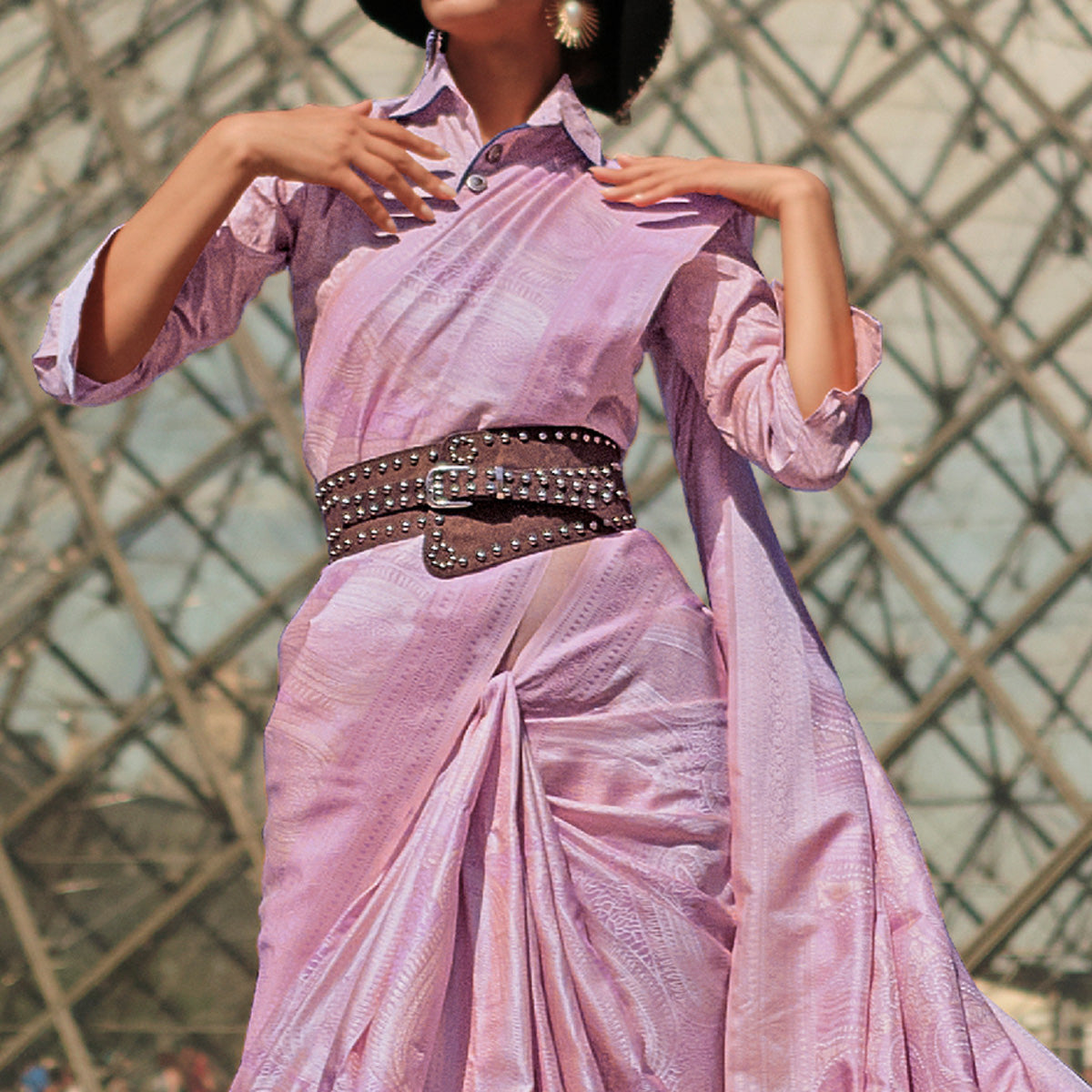 Purple Woven Satin Saree With Tassels