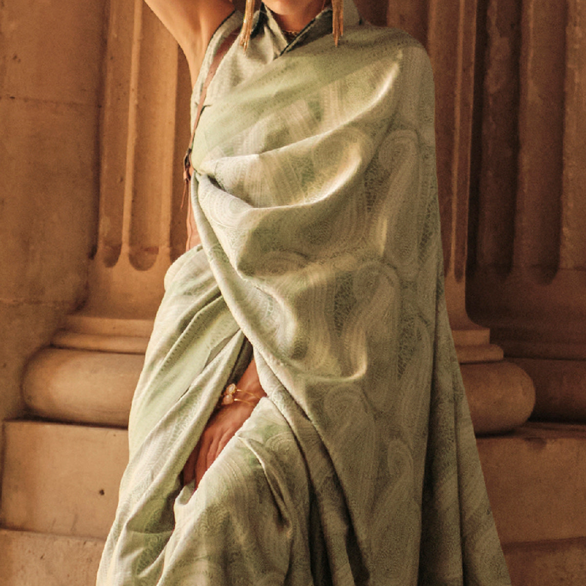 Green Woven Satin Saree With Tassels