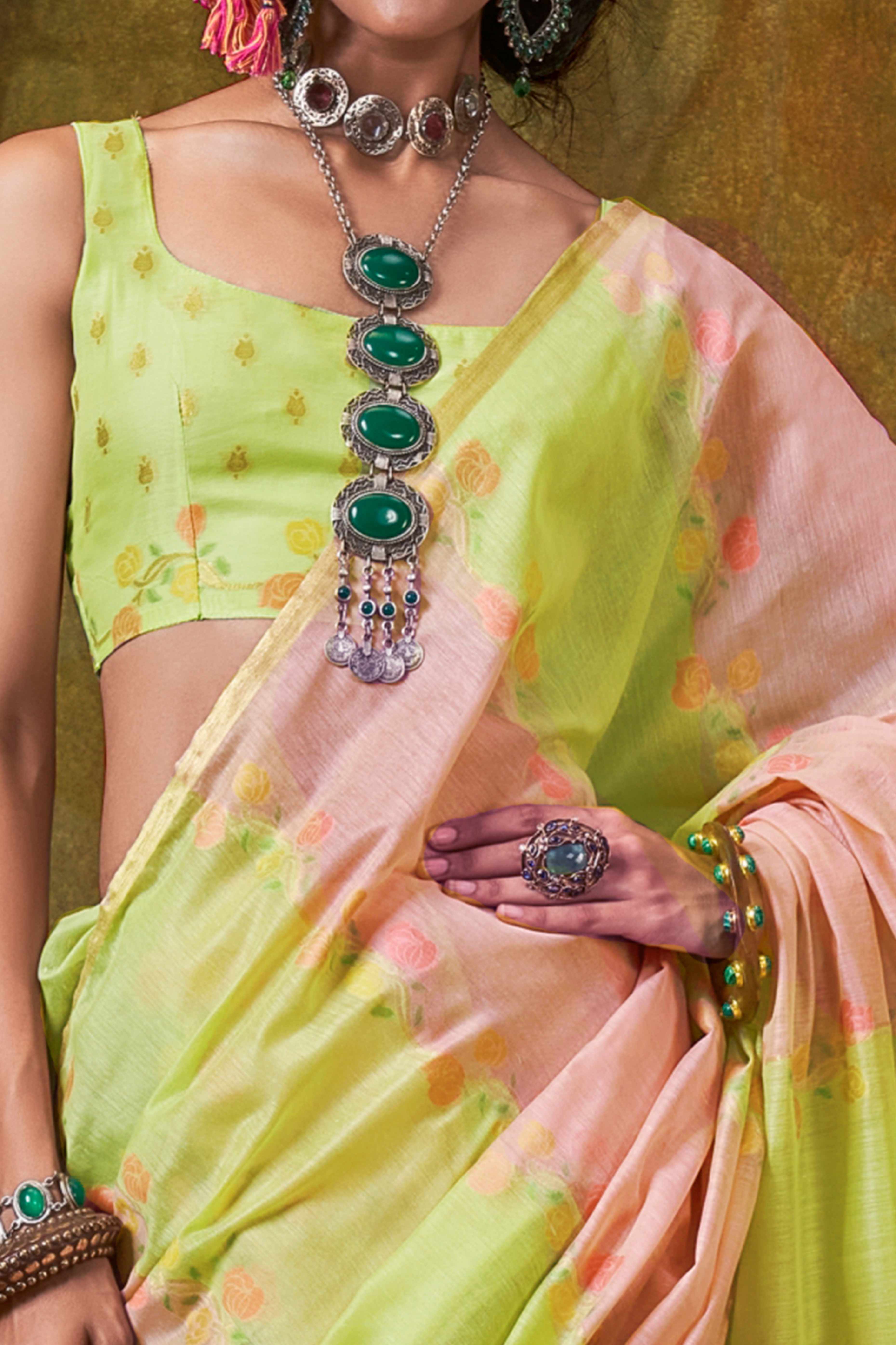 Pastel Green & Light Pink Floral Handwoven Cotton Blend Saree