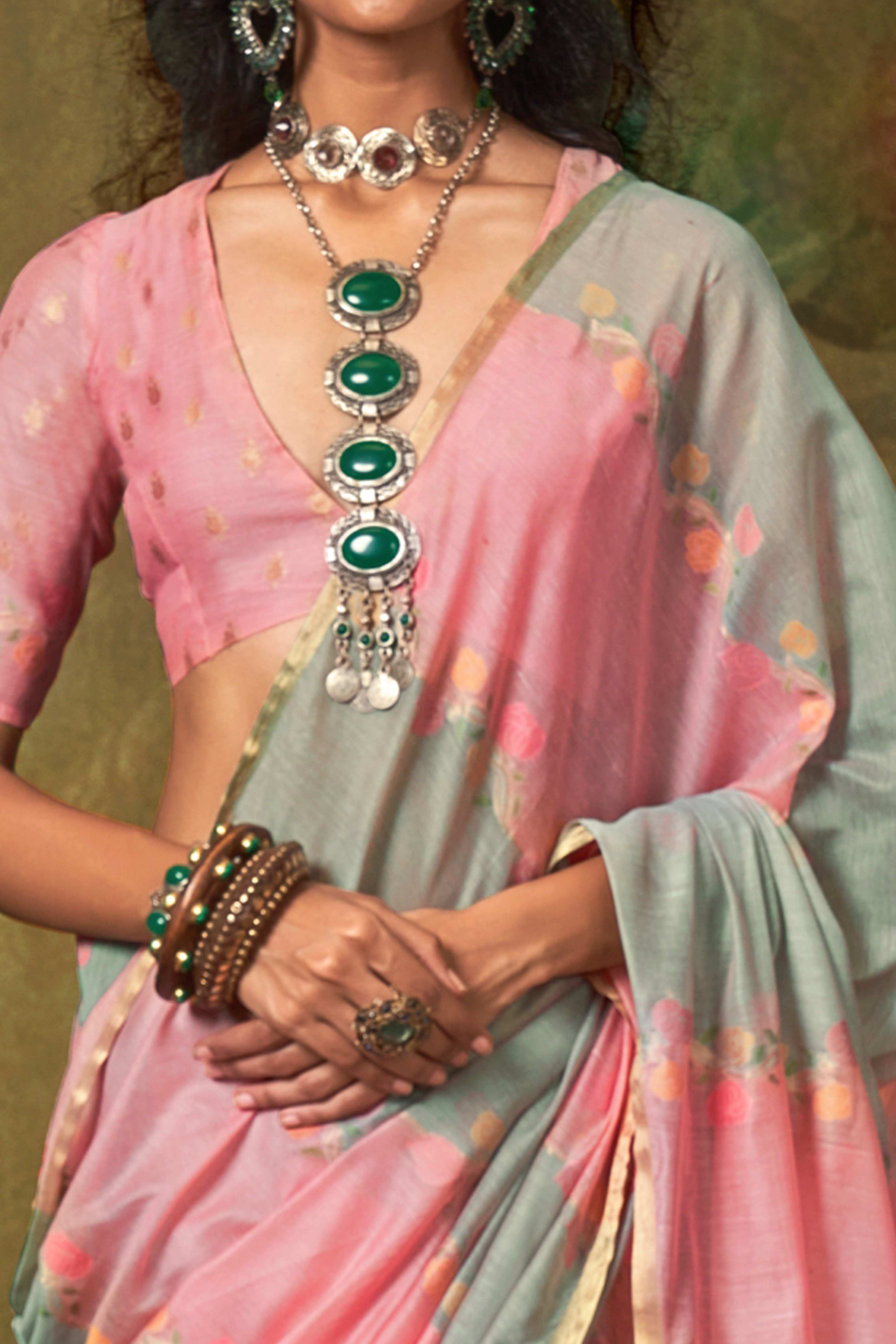 Peach & Grey Floral Handwoven Cotton Blend Saree