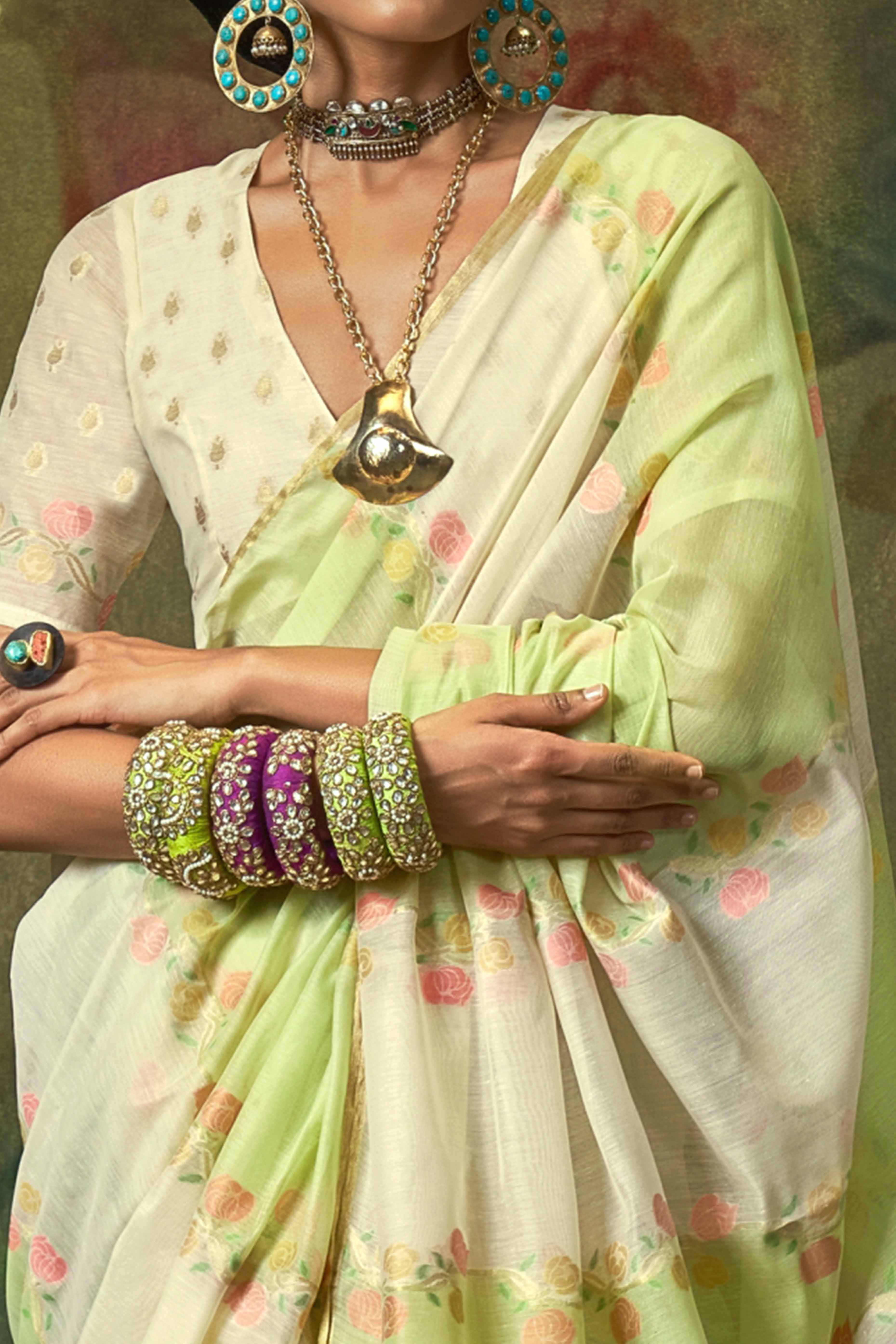 Cream & Pastel Green Floral Handwoven Cotton Blend Saree