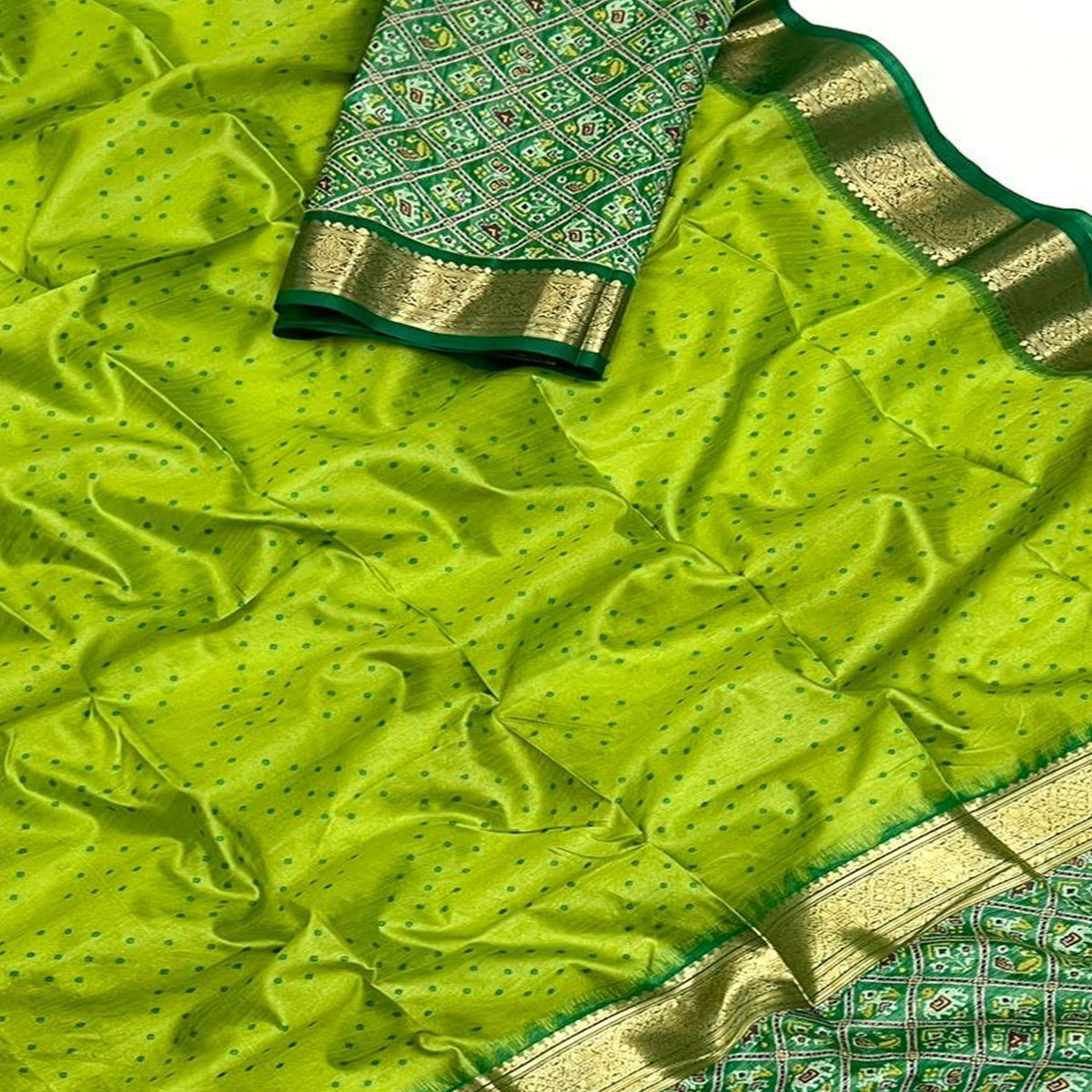 Green Weaved Patola Tussar Silk Saree With Tassels