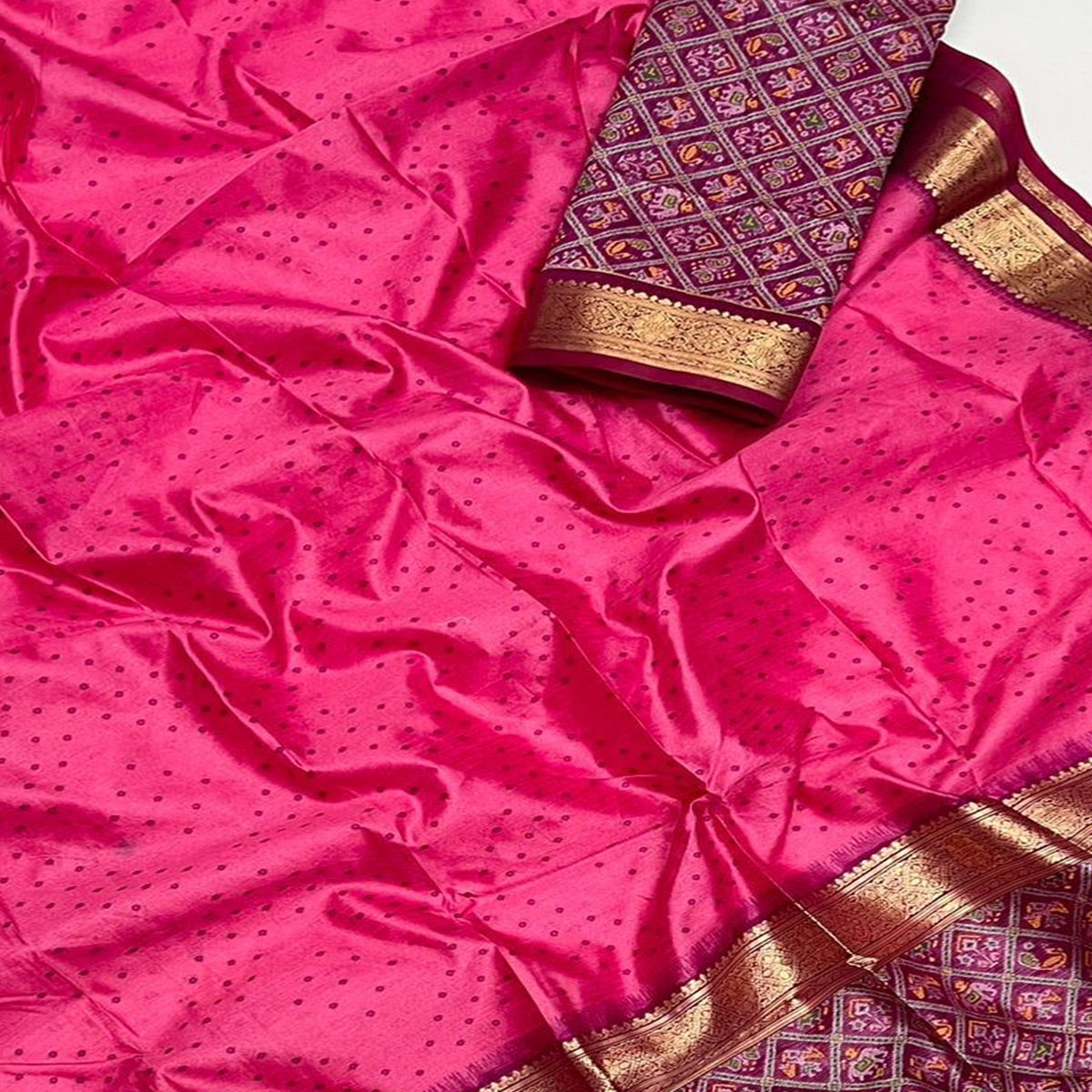 Pink Weaved Patola Tussar Silk Saree With Tassels