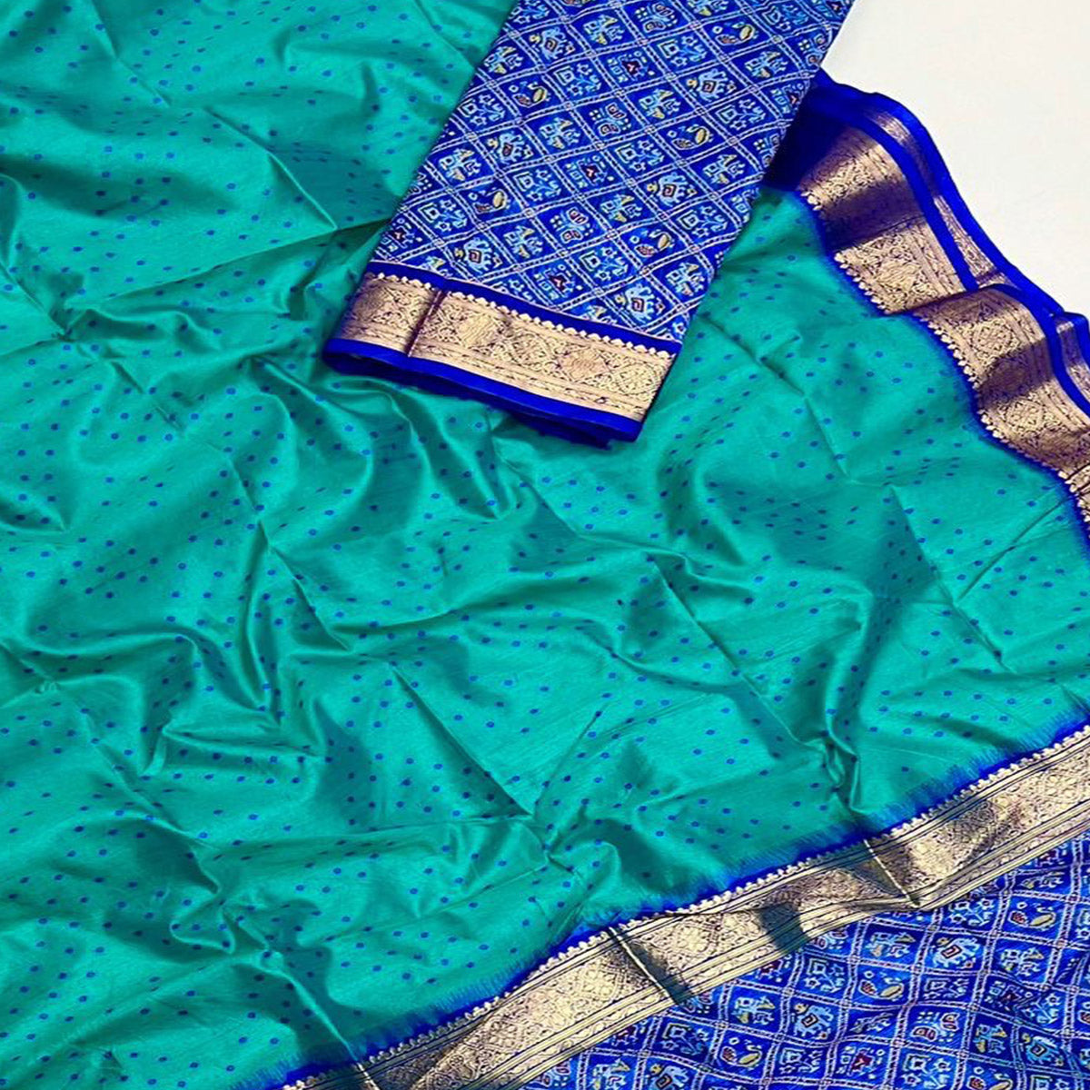 Rama Green Weaved Patola Tussar Silk Saree With Tassels