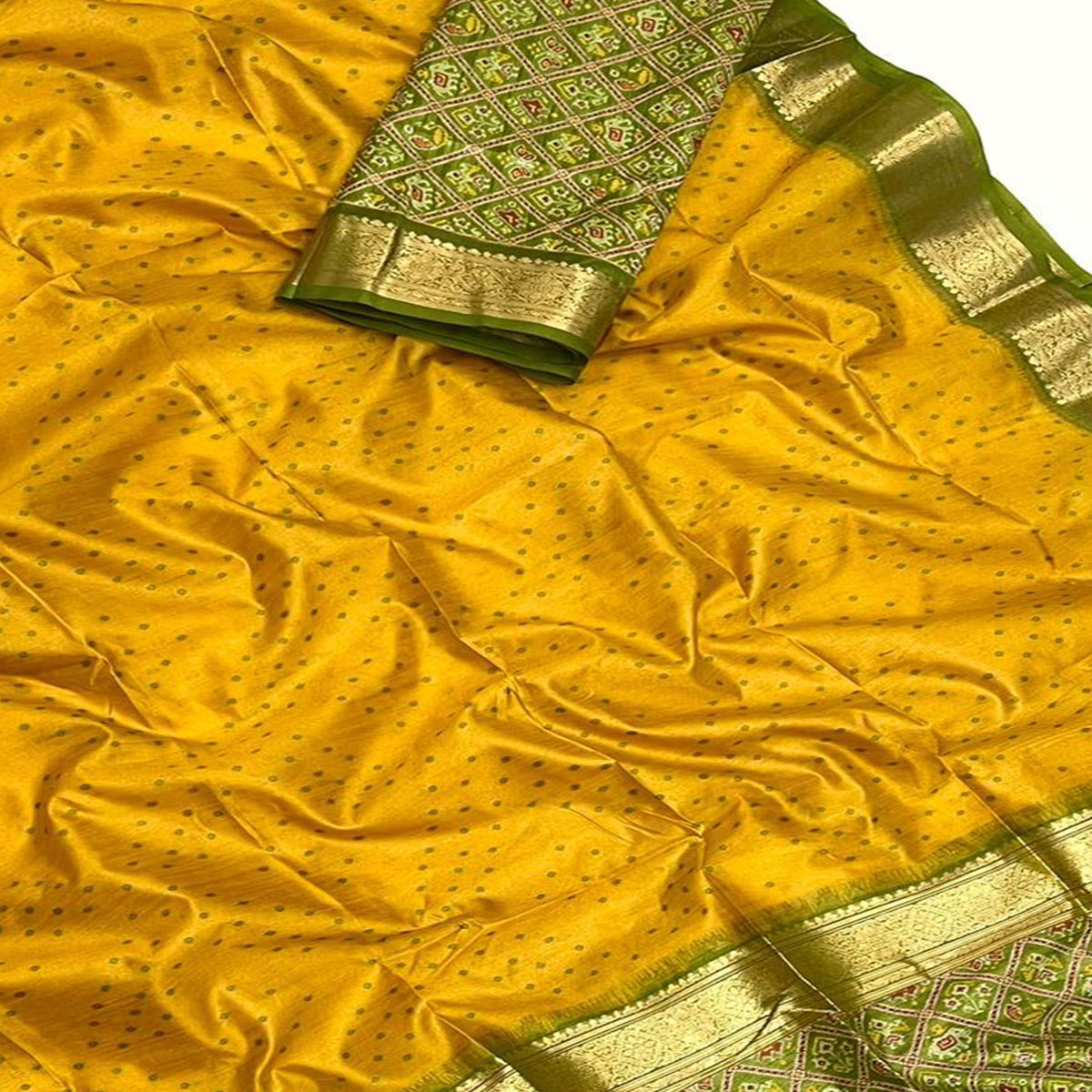 Mustard Weaved Patola Tussar Silk Saree With Tassels