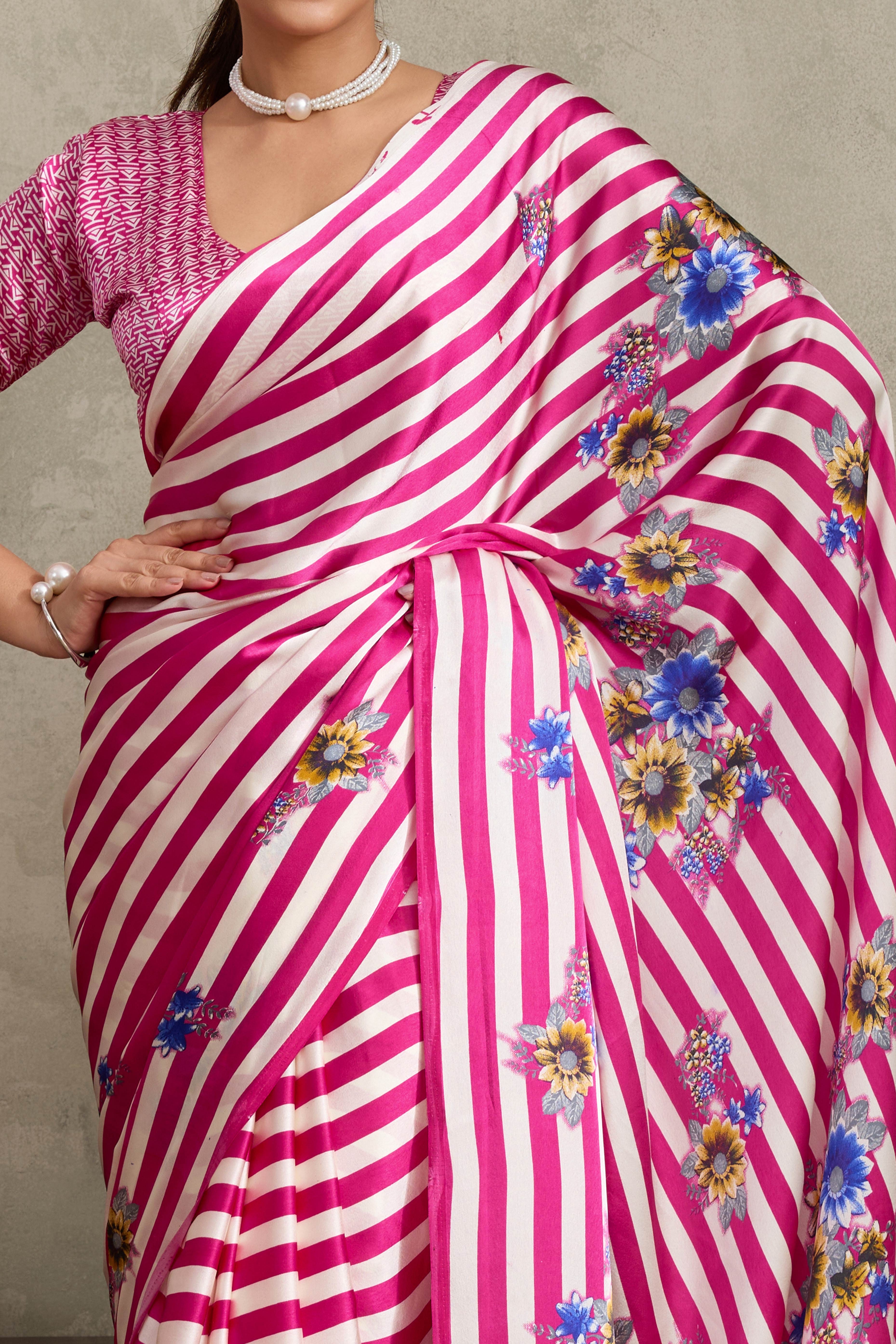 Pink Elegant Ajrakh Printed Modal Satin Saree Designed for Festive & Party Occasions