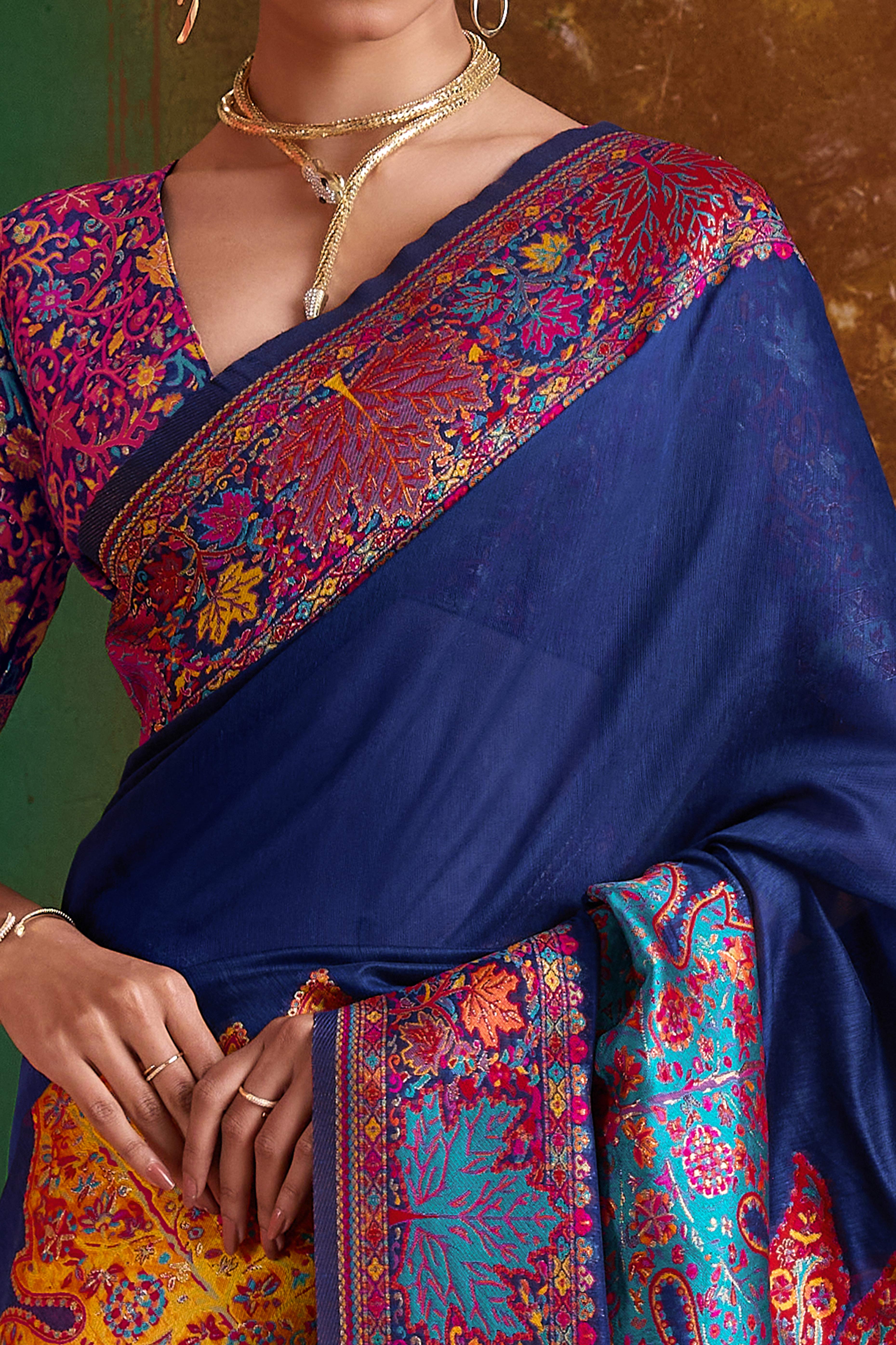 Luxurious Navy Blue Leaf Motif Pashmina Weaving Modal Cotton Blend Saree With Refined Appeal