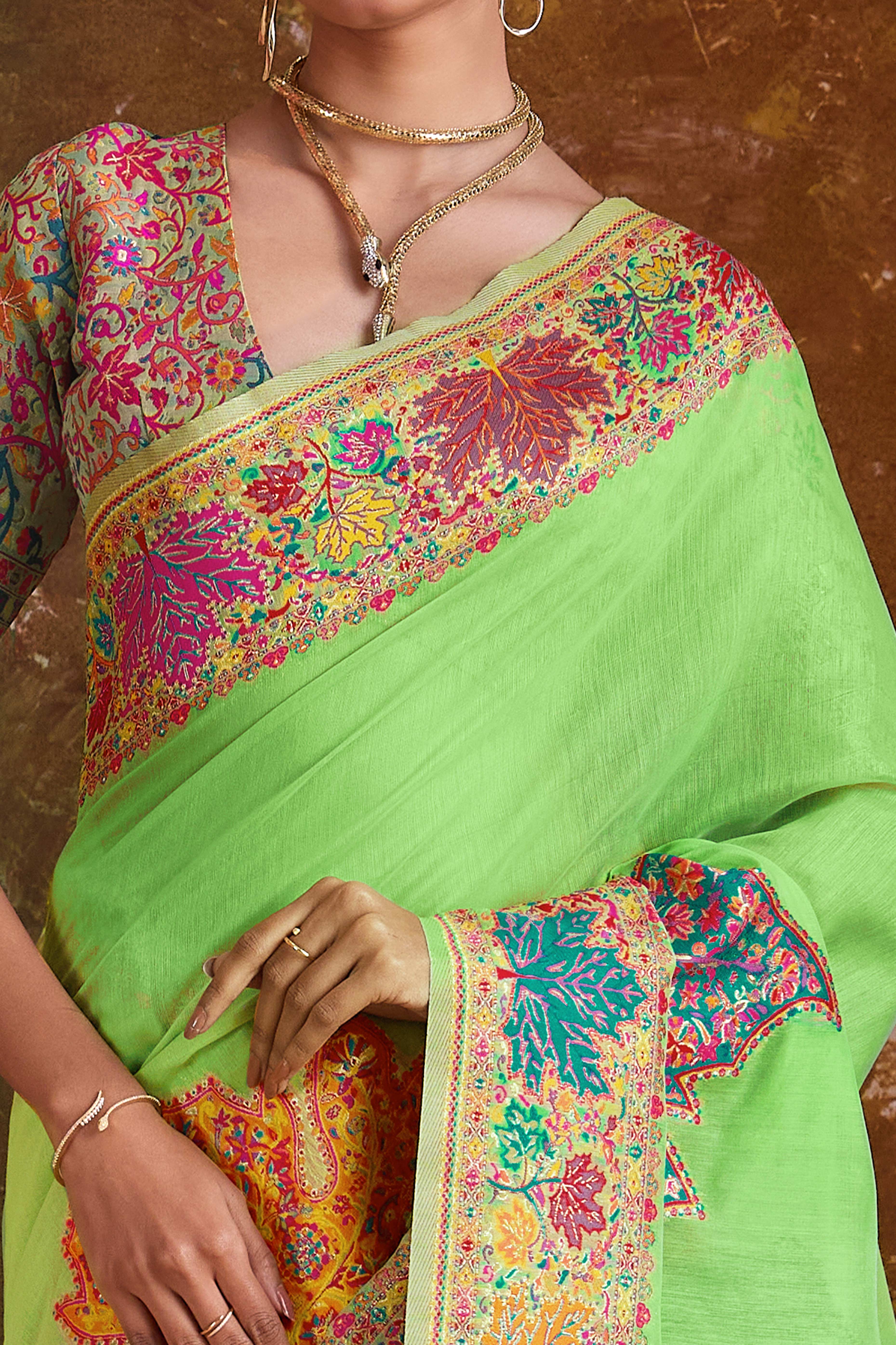 Luxurious Green Leaf Motif Pashmina Weaving Modal Cotton Blend Saree With Refined Appeal