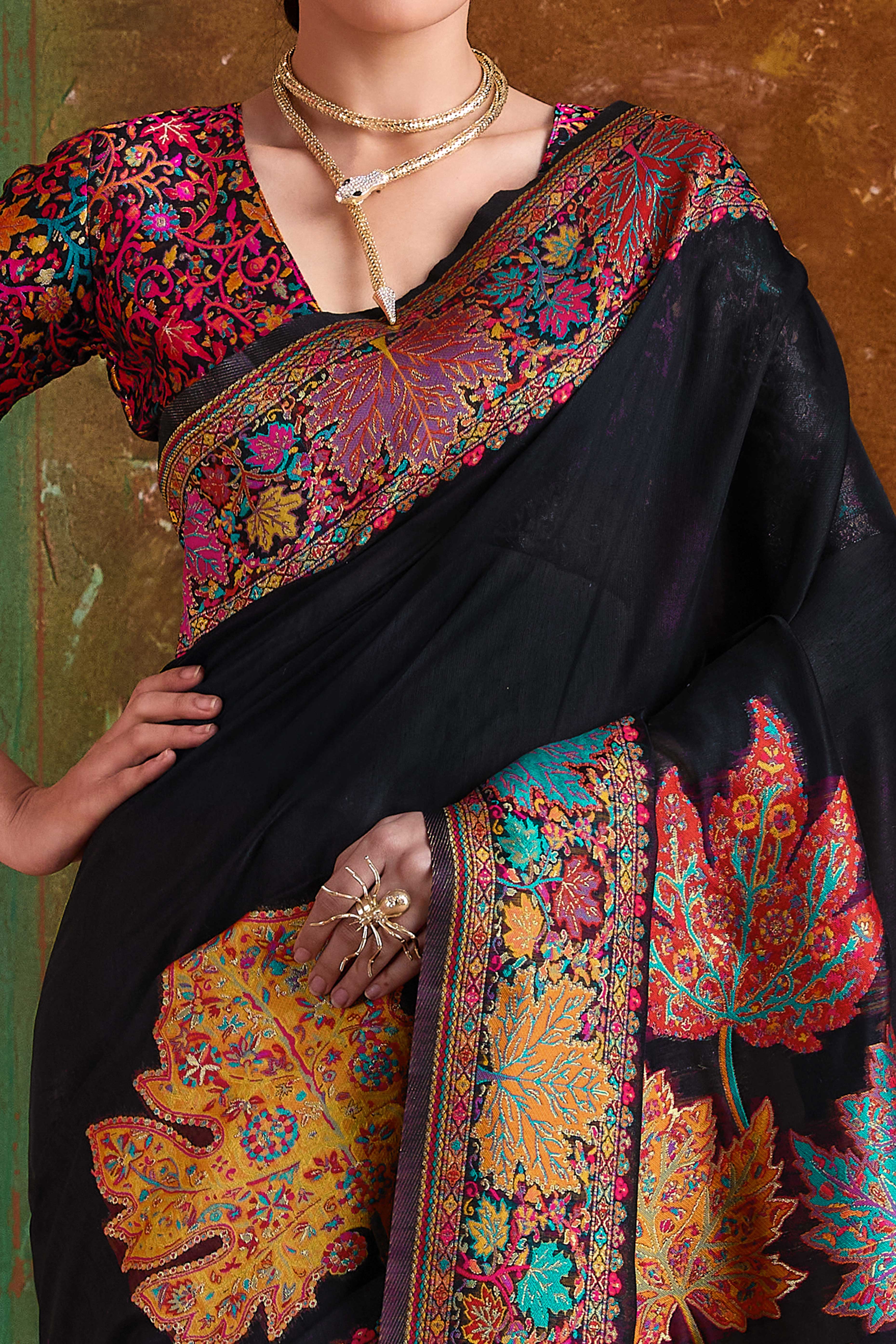 Luxurious Black Leaf Motif Pashmina Weaving Modal Cotton Blend Saree With Refined Appeal
