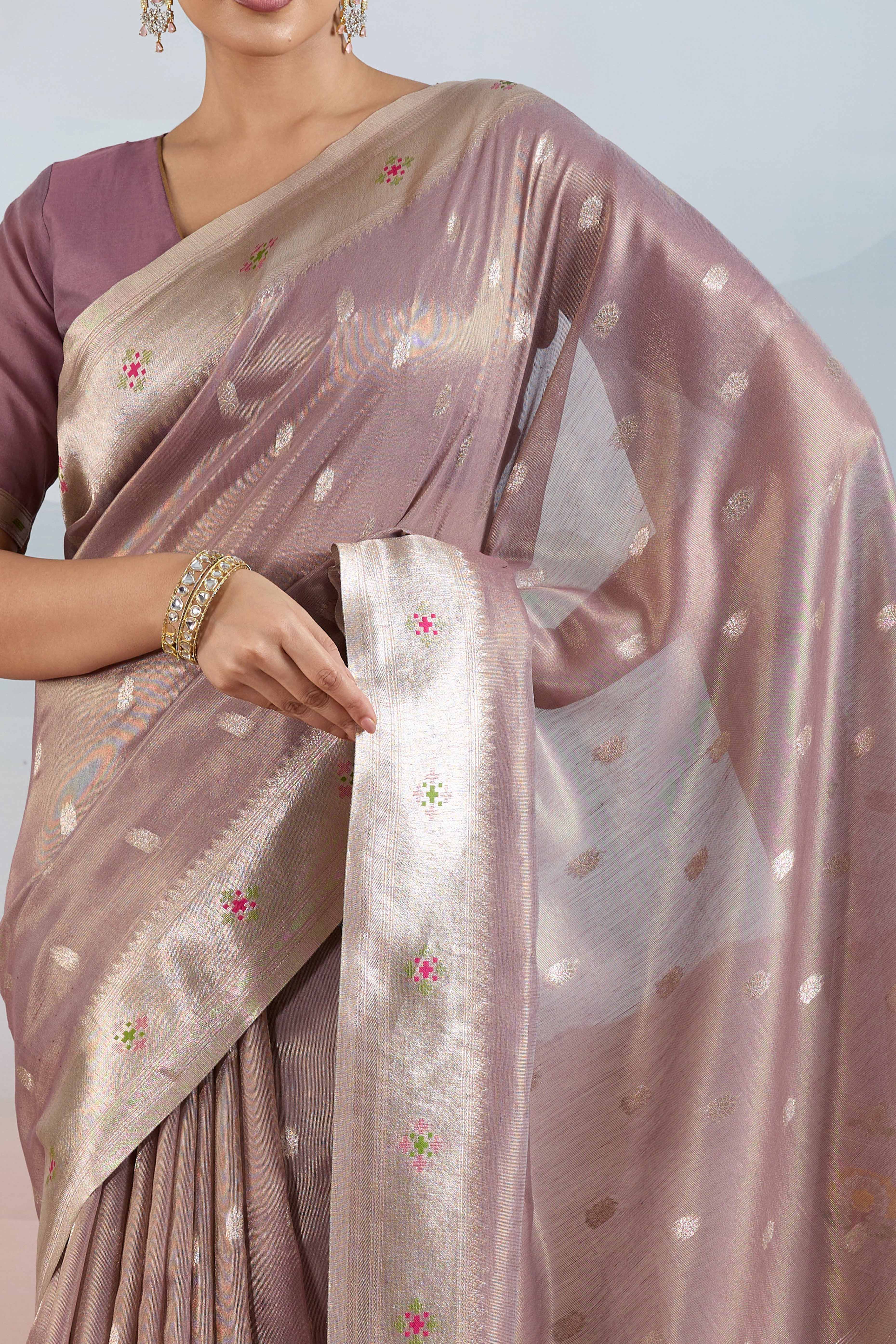 Mauve Festive Tissue Saree Crafted with Artistic Zari Butti Weaving and a Featherlight Texture