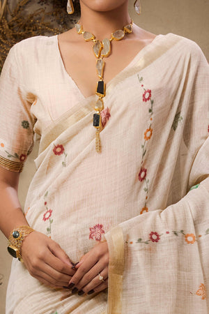 Cream Traditional Handloom Saree in Munga Cotton Blend with Floral Woven Motifs