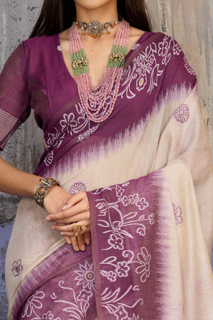 Beige & Purple Classic Munga Cotton Blend Saree with Intricate Floral Woven Detailing