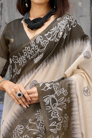 Beige & Dark Brown Classic Munga Cotton Blend Saree with Intricate Floral Woven Detailing