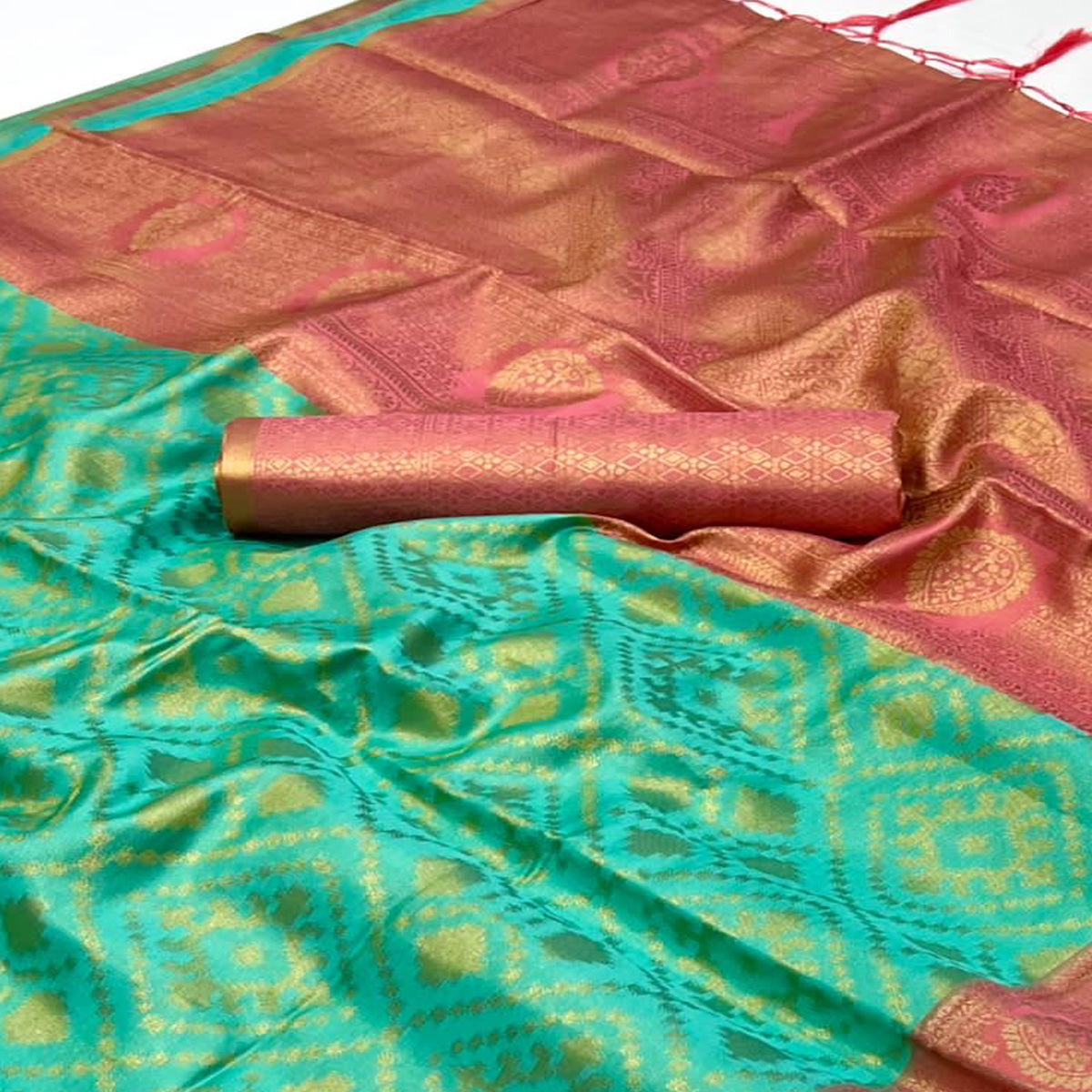 Sea Green Woven Art Silk Saree With Tassels