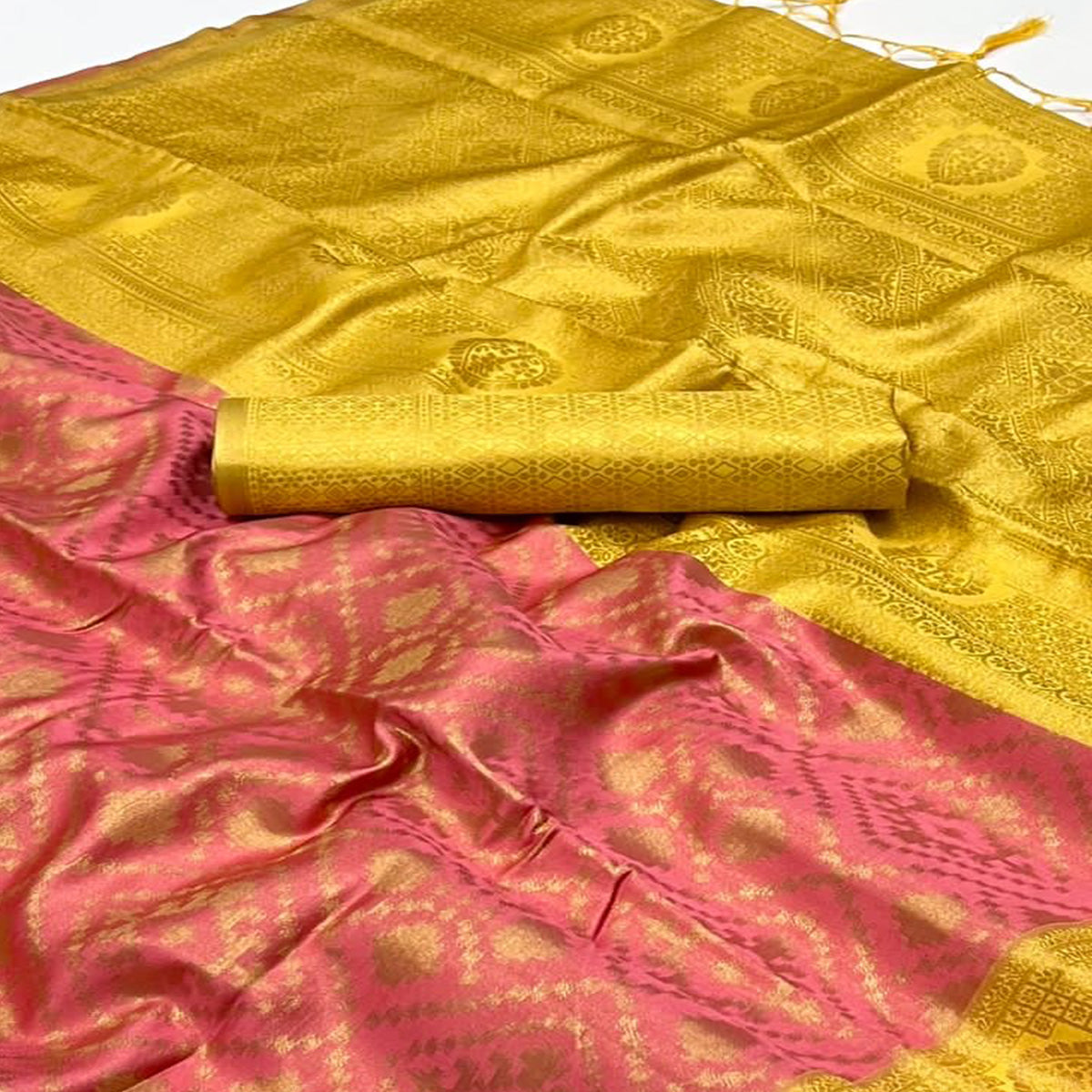 Pink Woven Art Silk Saree With Tassels