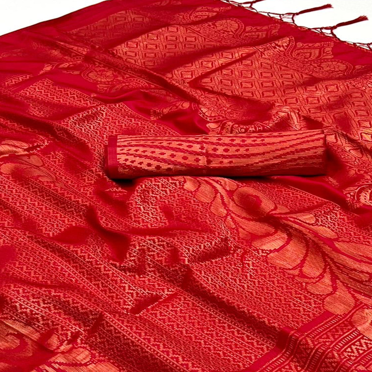 Red Woven Art Silk Saree With Tassels