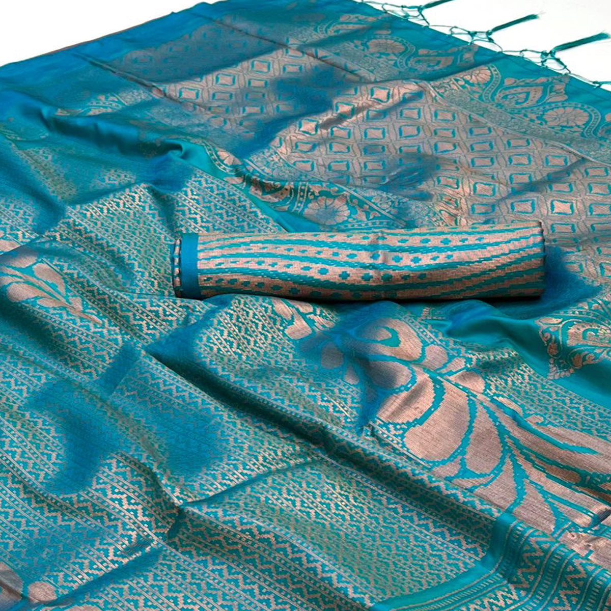 Blue Woven Art Silk Saree With Tassels