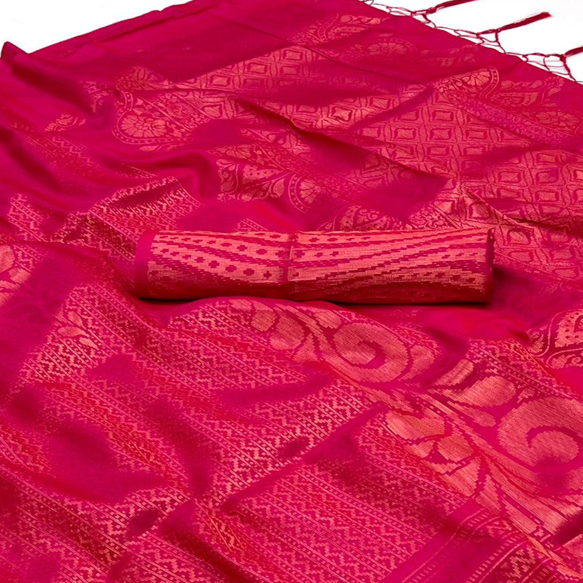 Pink Woven Art Silk Saree With Tassels