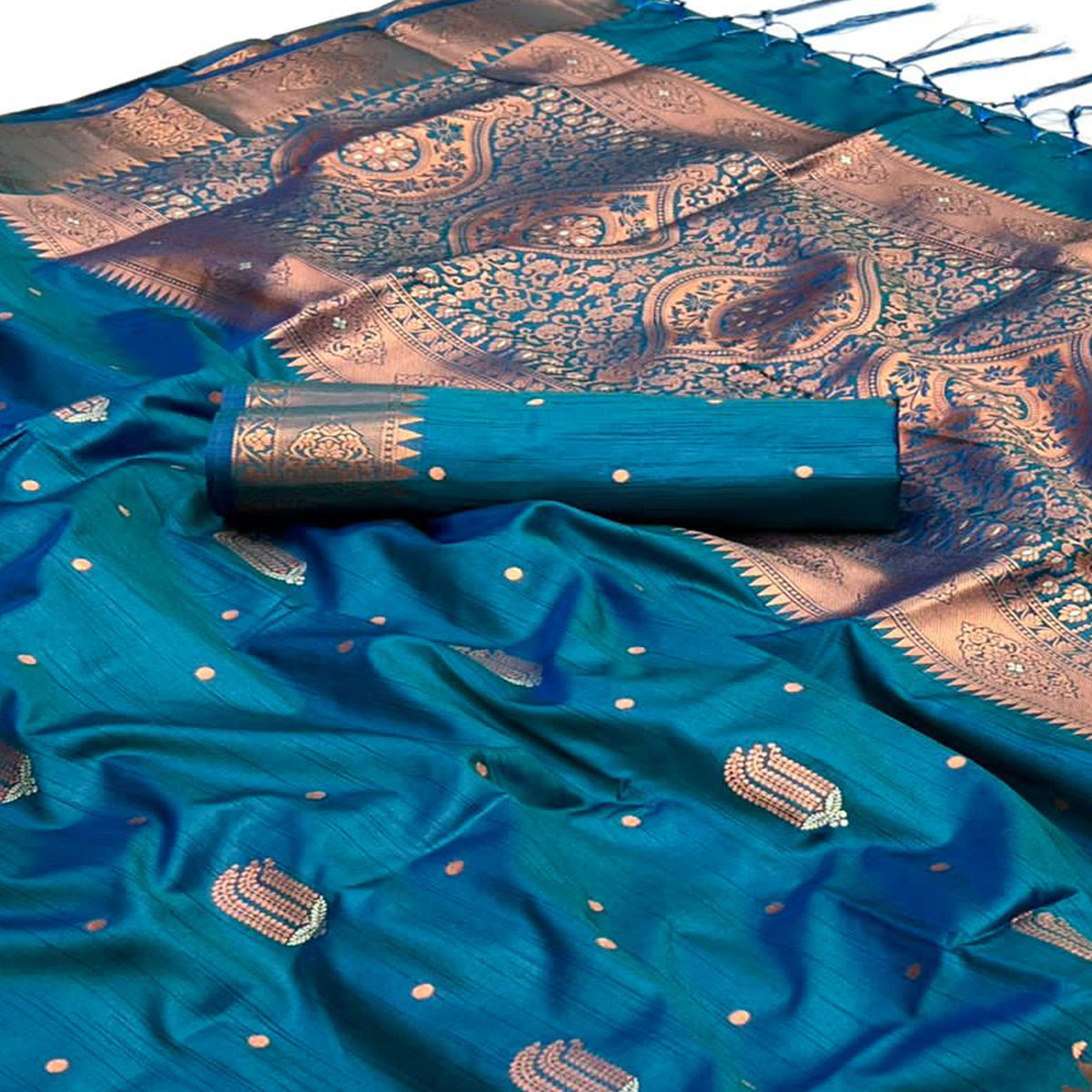 Teal Blue Woven Cotton Silk Saree With Tassels