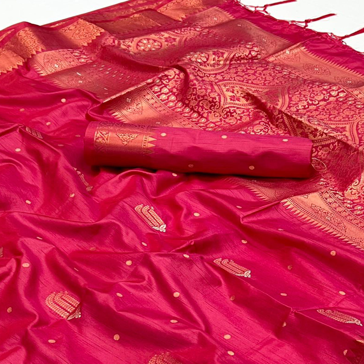 Pink Woven Cotton Silk Saree With Tassels