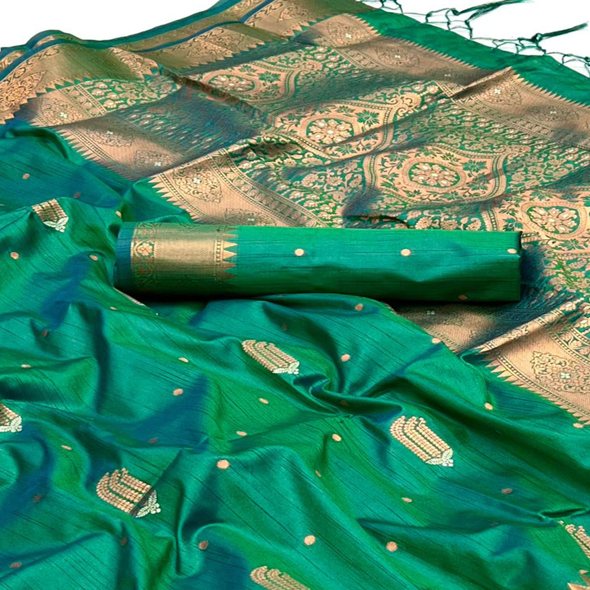 Green Woven Cotton Silk Saree With Tassels