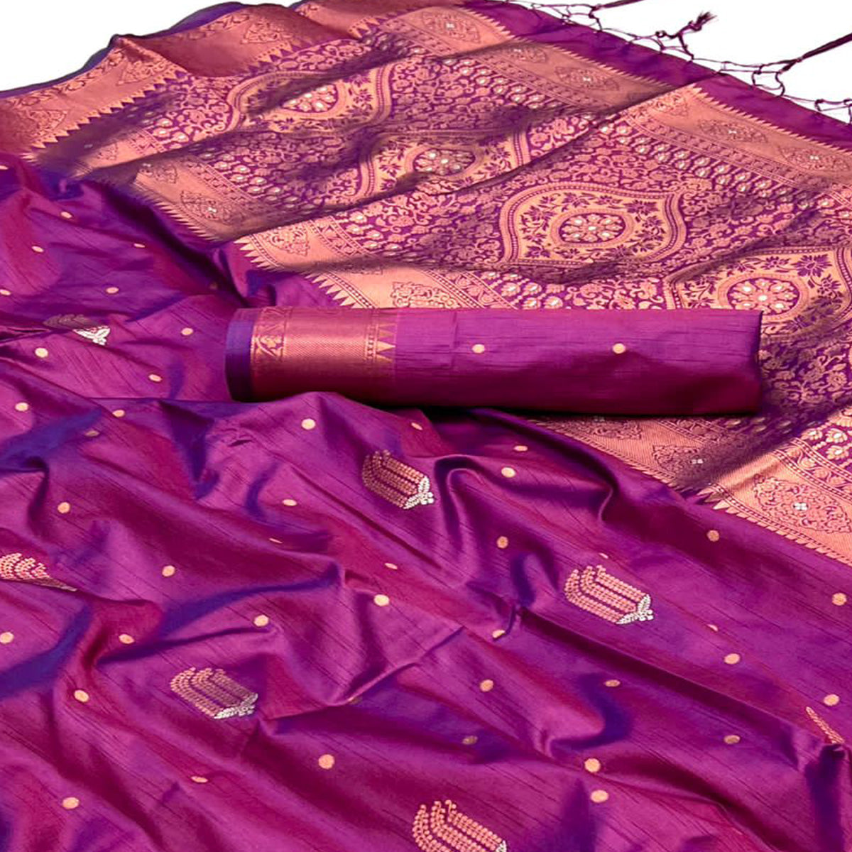 Purple Woven Cotton Silk Saree With Tassels