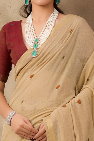 Beige Lightweight Handloom Munga Cotton Blend Saree Accented with Floral Woven Motifs