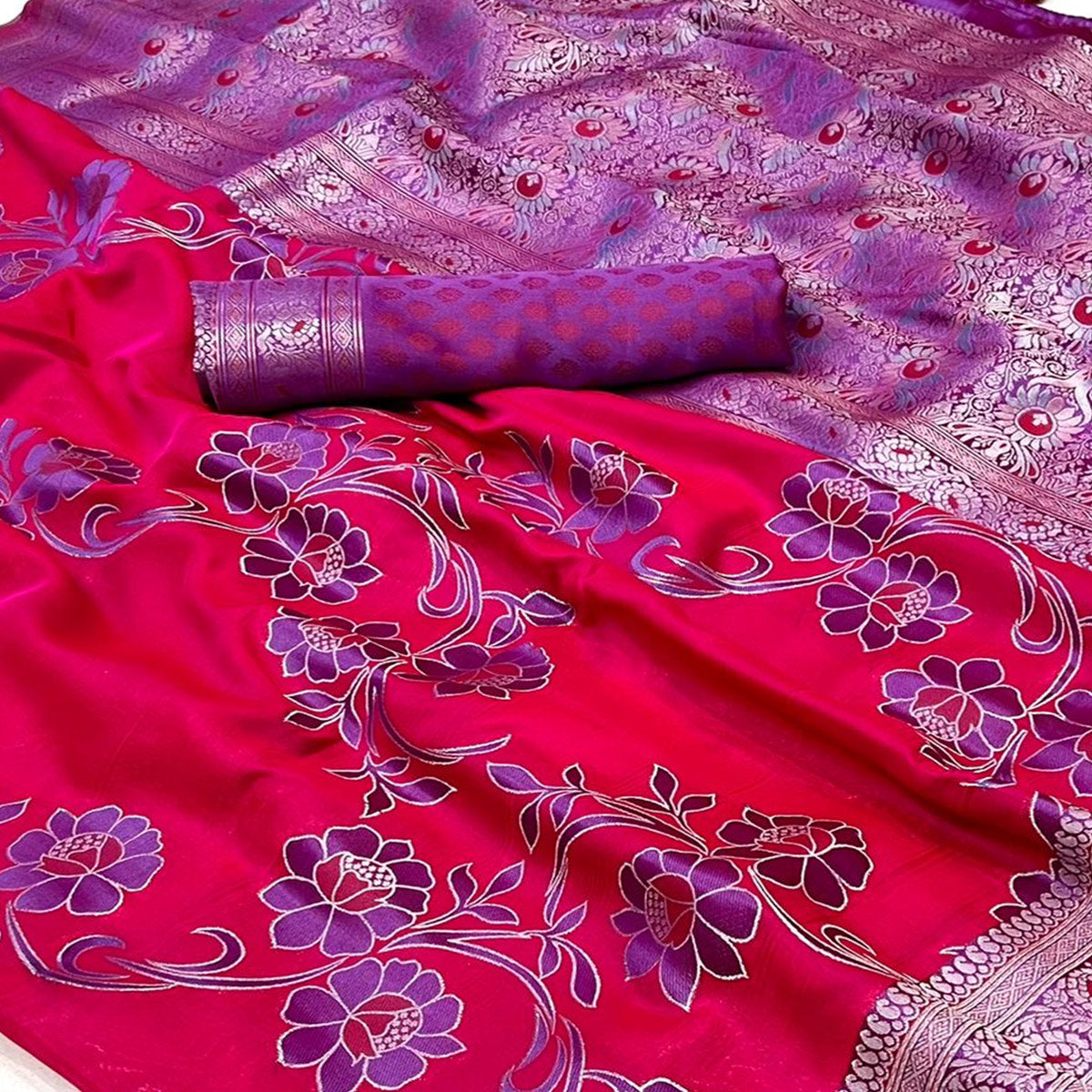 Pink Floral Woven Satin Saree With Tassels