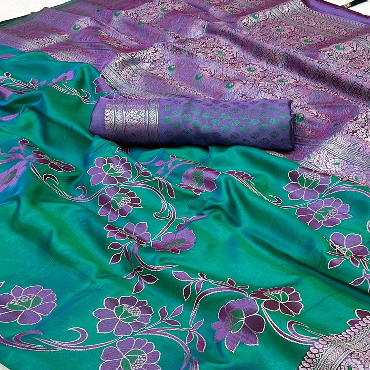 Green Floral Woven Satin Saree With Tassels