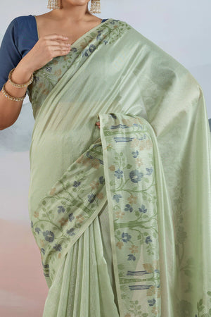 Green Tissue Silk Saree Showcasing Floral & Striped Weaving With Tassel Adornment