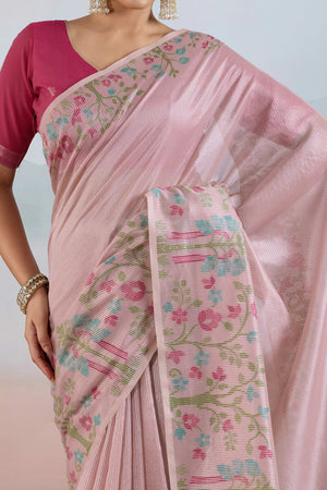 Pink Tissue Silk Saree Showcasing Floral & Striped Weaving With Tassel Adornment