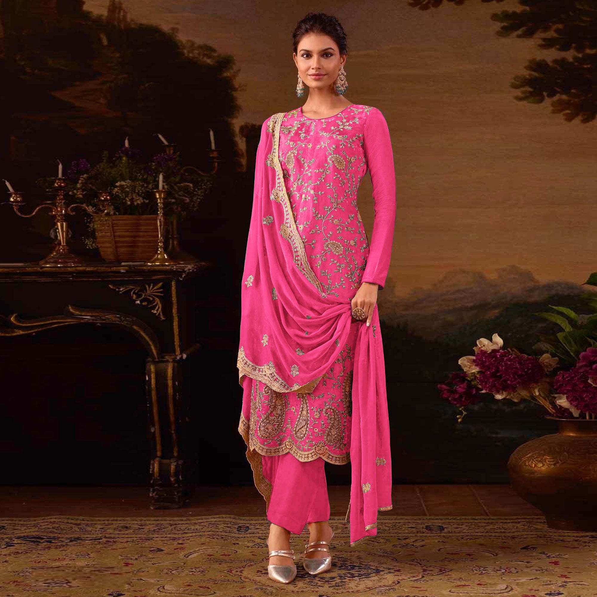 Pink Floral Sequins Embroidered Georgette Semi Stitched Salwar Suit