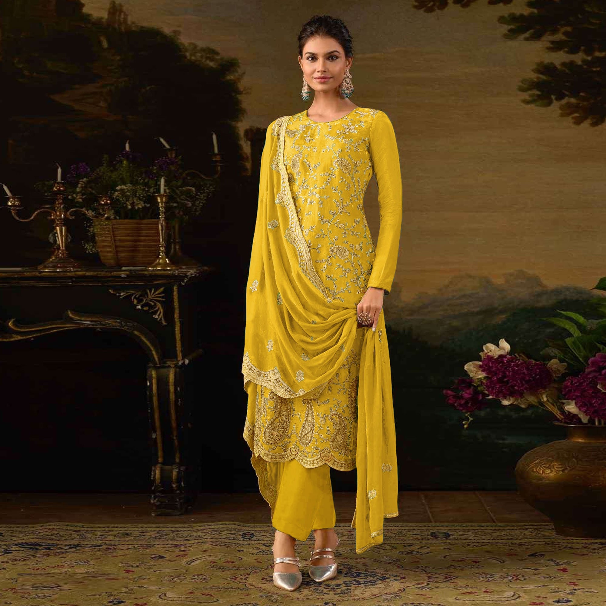 Yellow Floral Sequins Embroidered Georgette Semi Stitched Salwar Suit