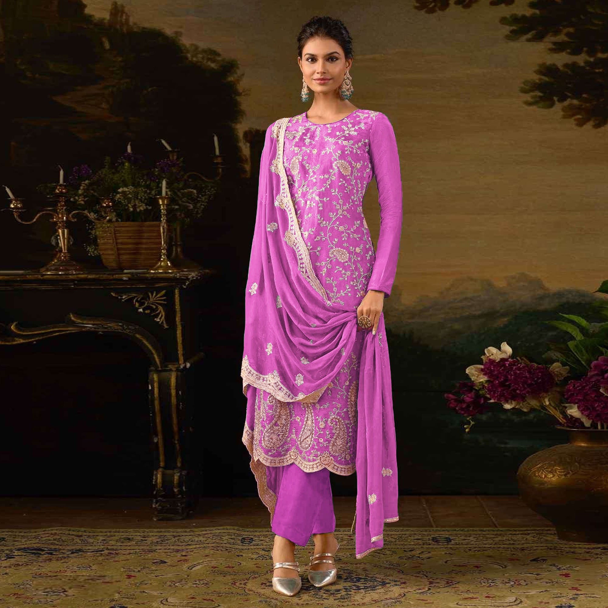 Purple Floral Sequins Embroidered Georgette Semi Stitched Salwar Suit