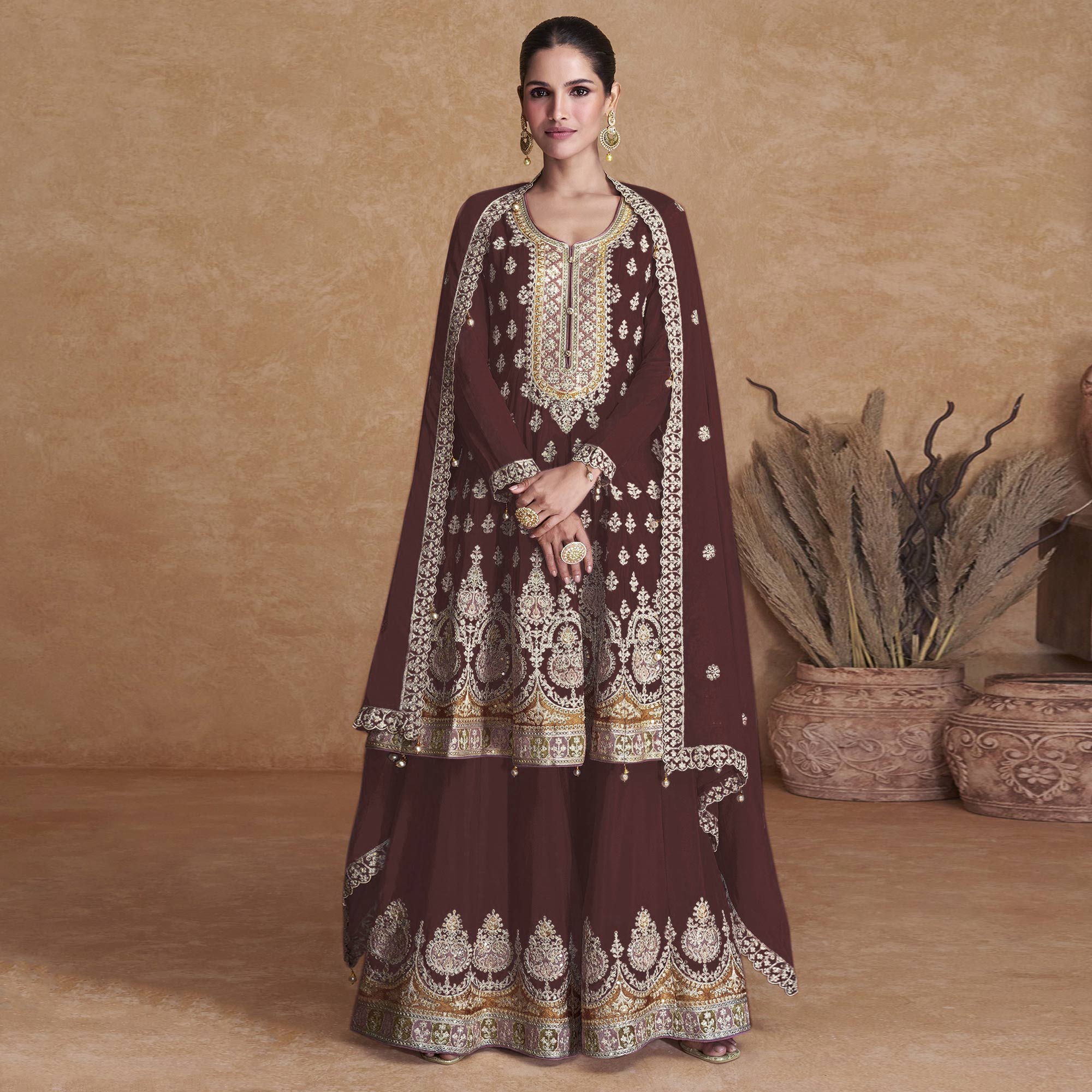 Brown Sequins Embroidered Georgette Semi Stitched Sharara Suit