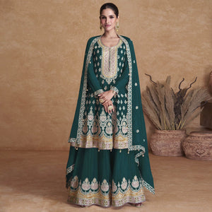 Green Sequins Embroidered Georgette Semi Stitched Sharara Suit
