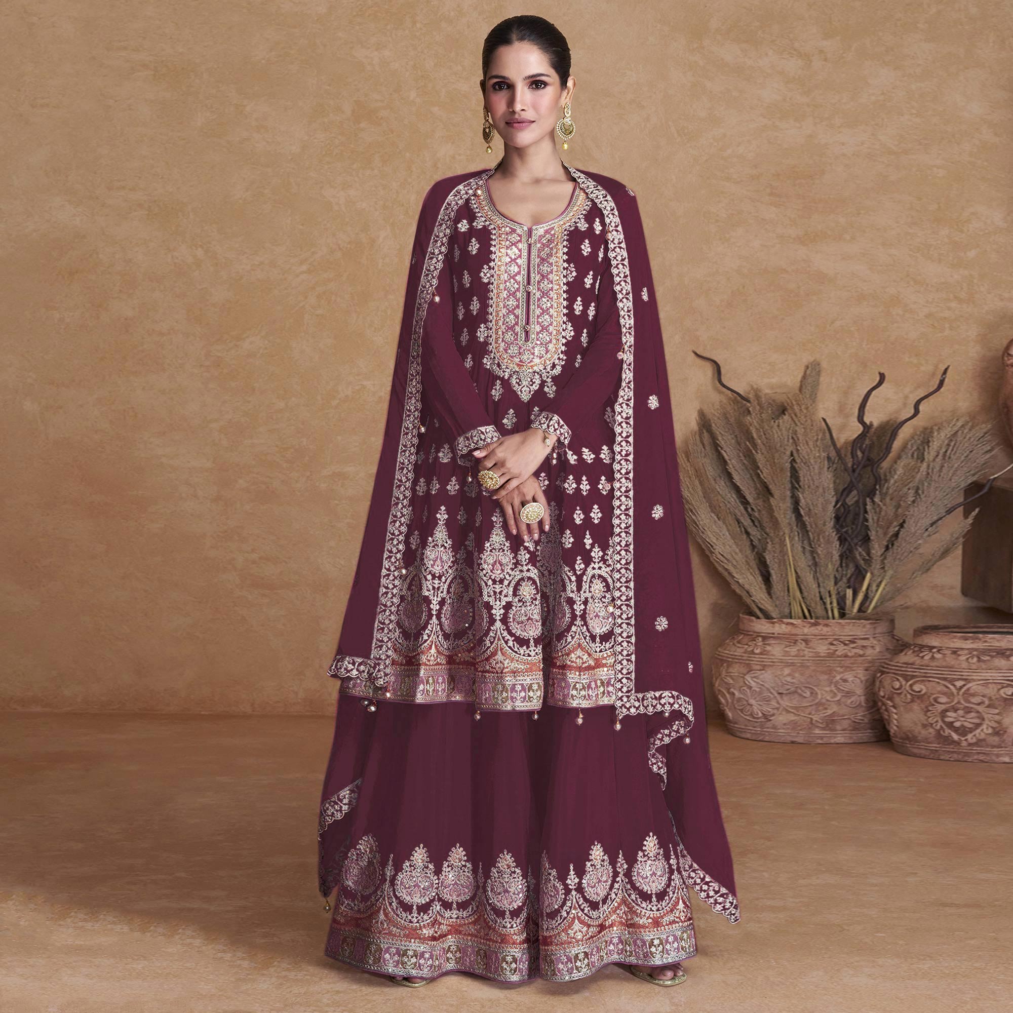 Maroon Sequins Embroidered Georgette Semi Stitched Sharara Suit