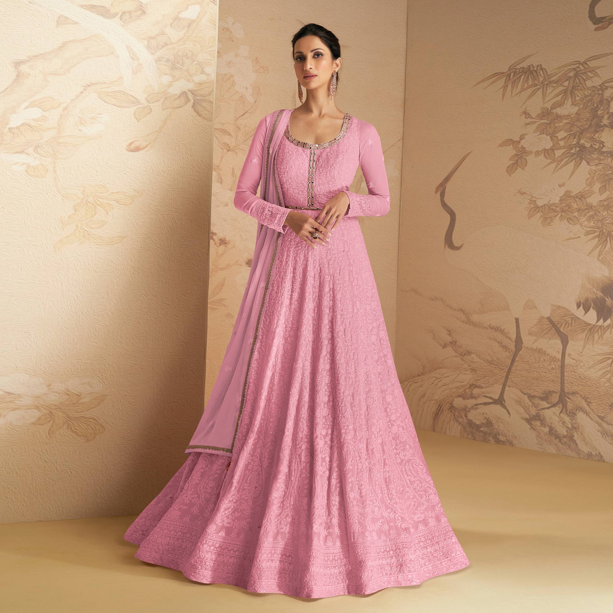 Pink Floral Embroidered Georgette Semi Stitched Anarkali Suit