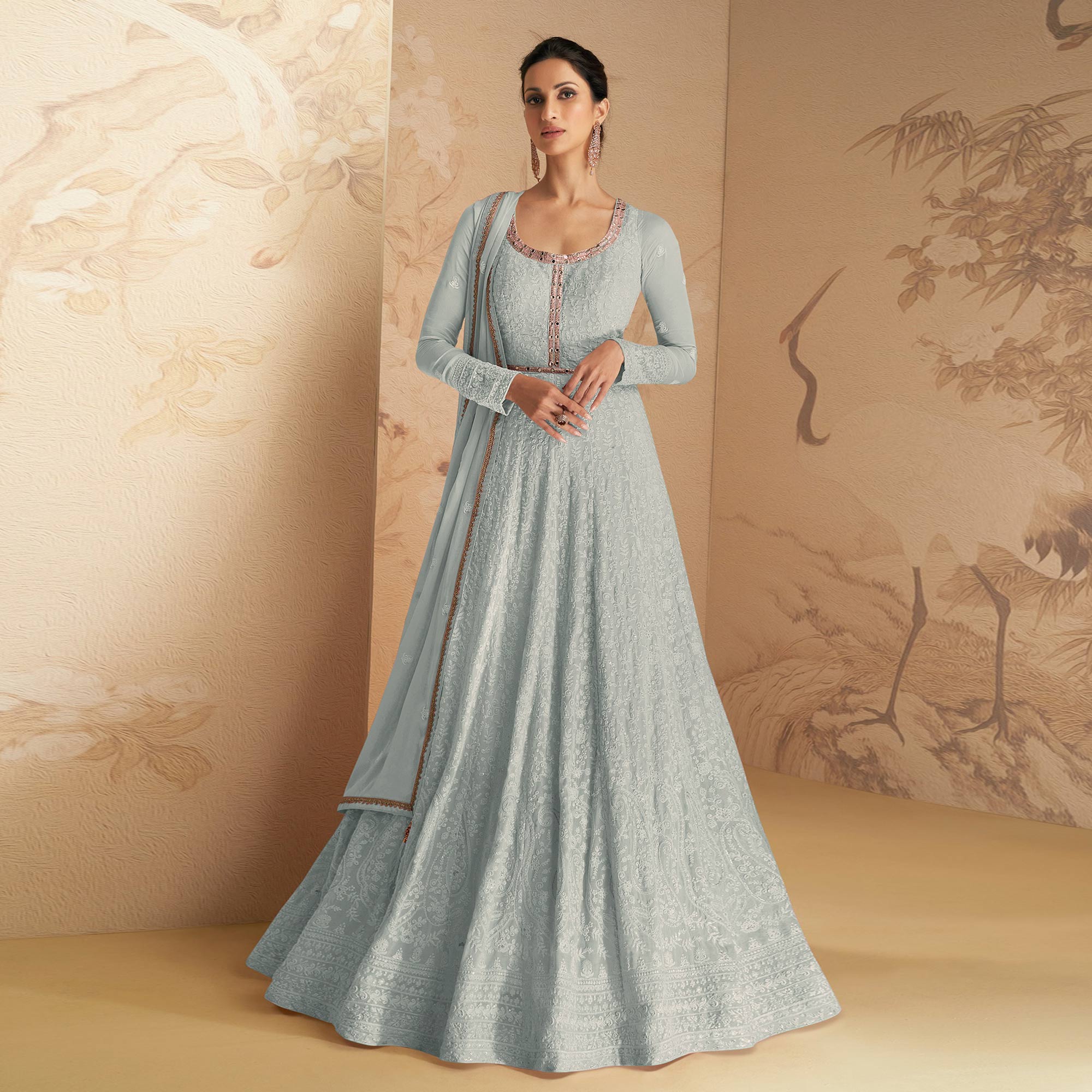 Light Turquoise Floral Embroidered Georgette Semi Stitched Anarkali Suit