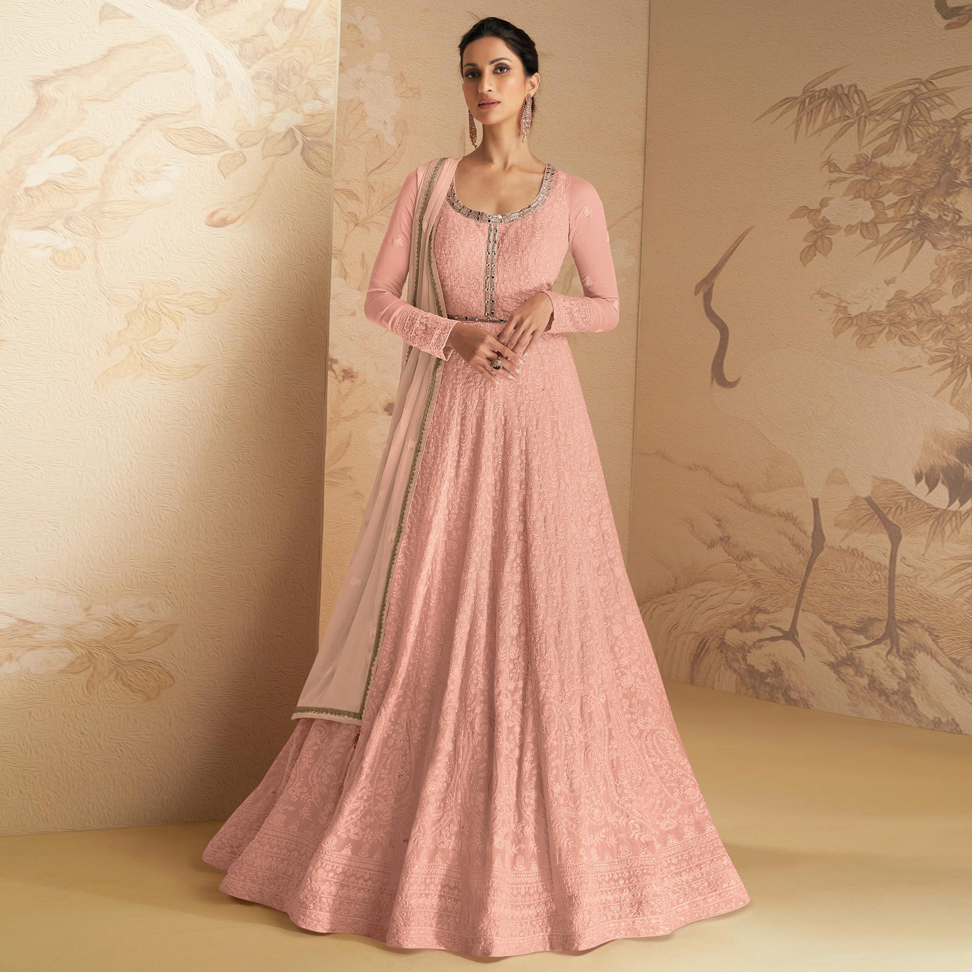 Peach Floral Embroidered Georgette Semi Stitched Anarkali Suit