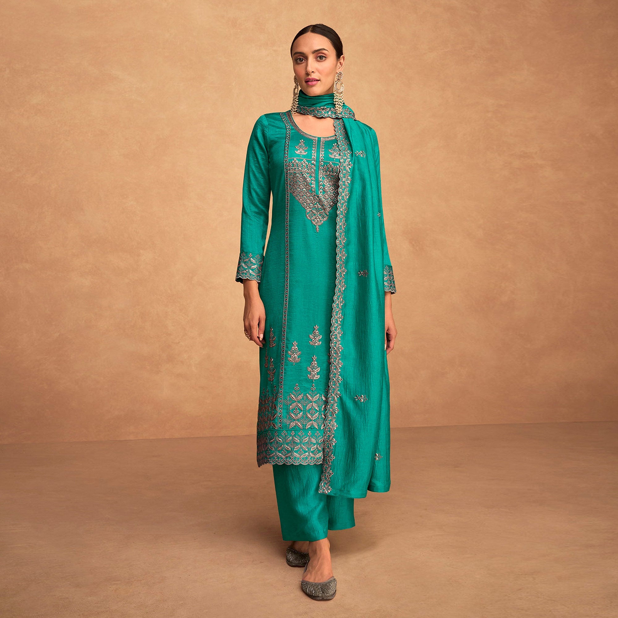 Rama Blue Sequins Embroidered Art Silk Semi Stitched Suit