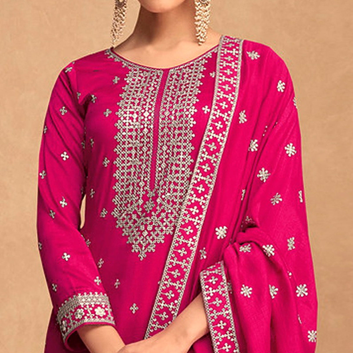 Pink Sequins Embroidered Art Silk Semi Stitched Suit