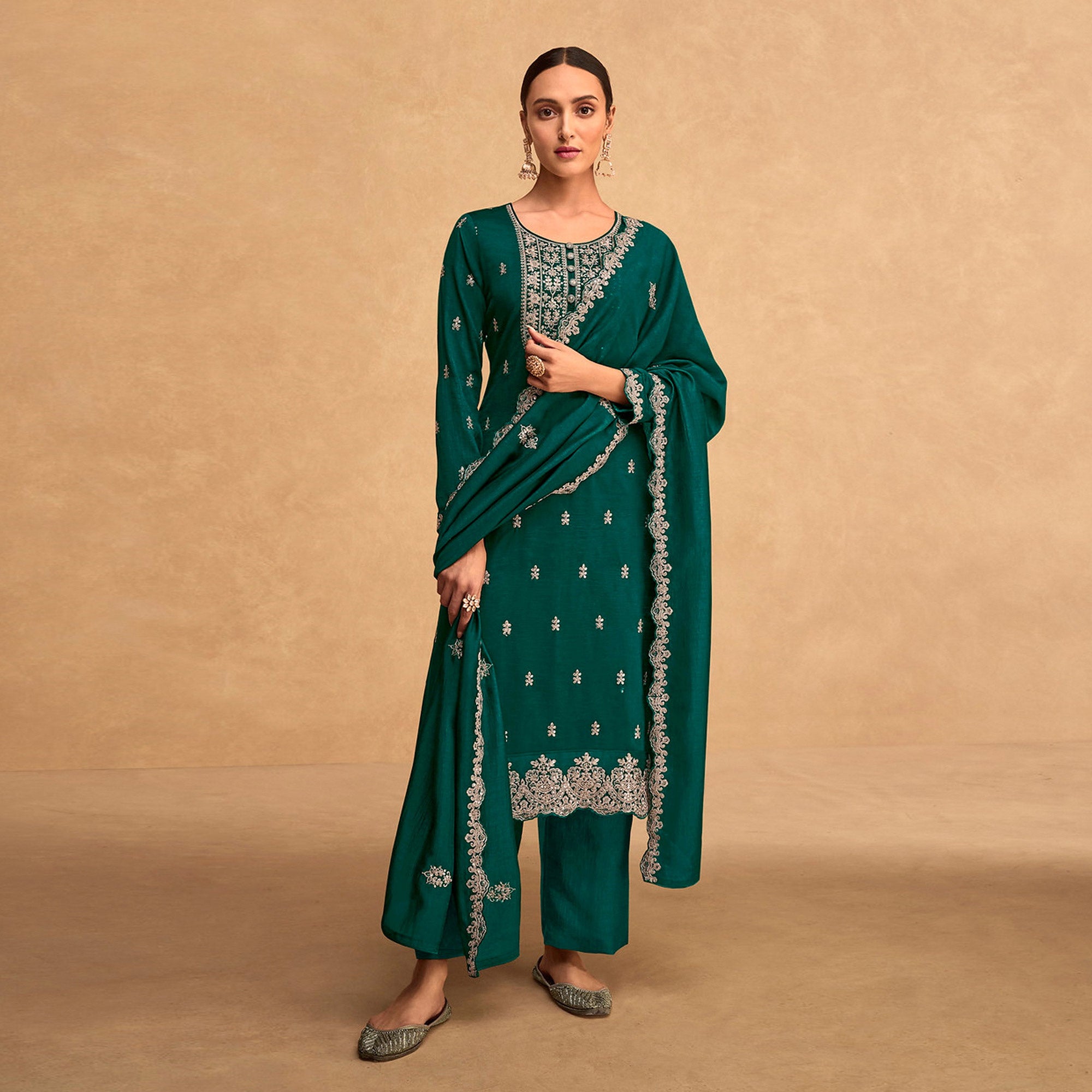 Green Sequins Embroidered Art Silk Semi Stitched Suit