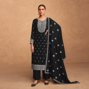 Black Sequins Embroidered Art Silk Semi Stitched Suit