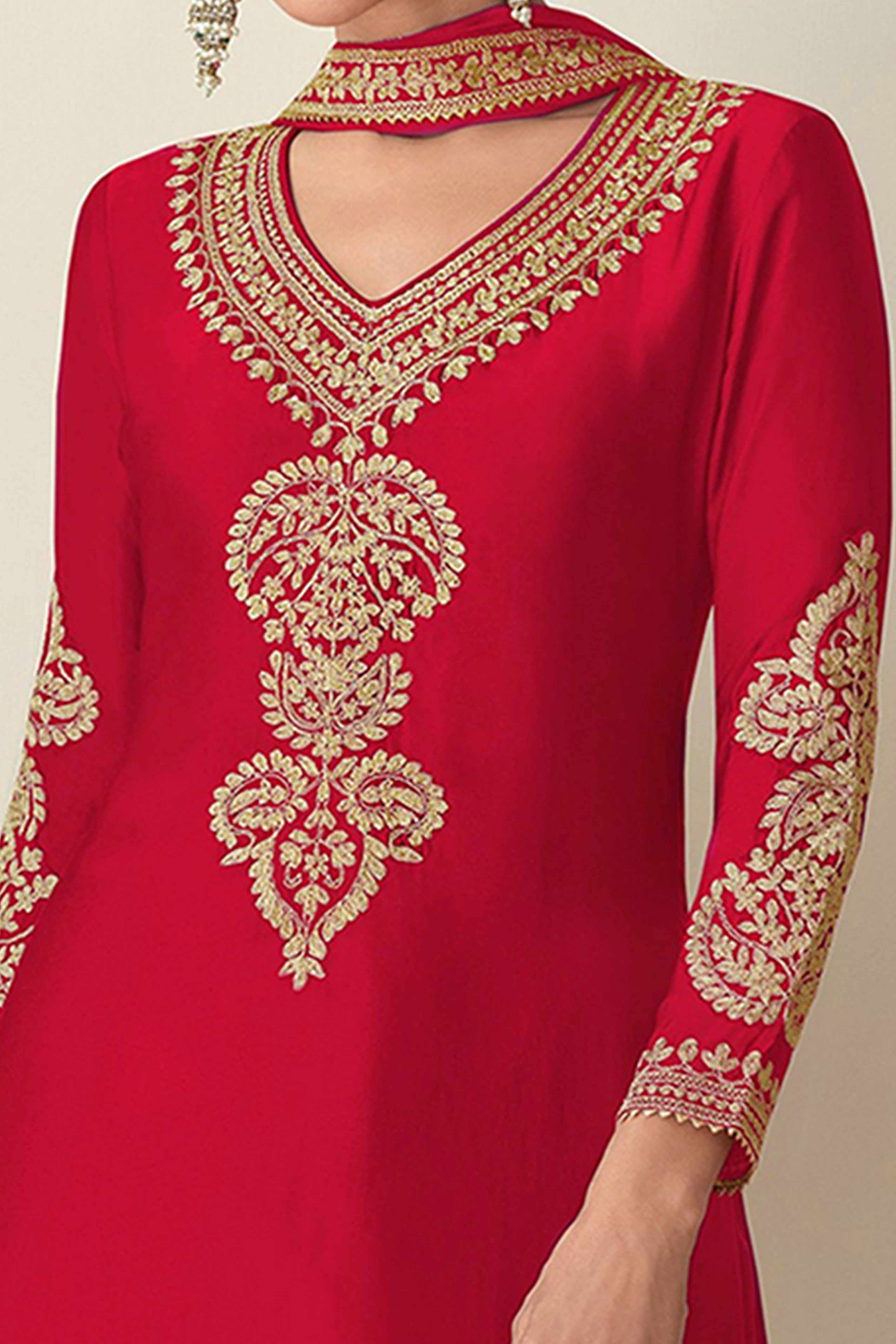 Cherry Red Sequins Floral Embroidered Chinon Semi-Stitched Salwar Suit