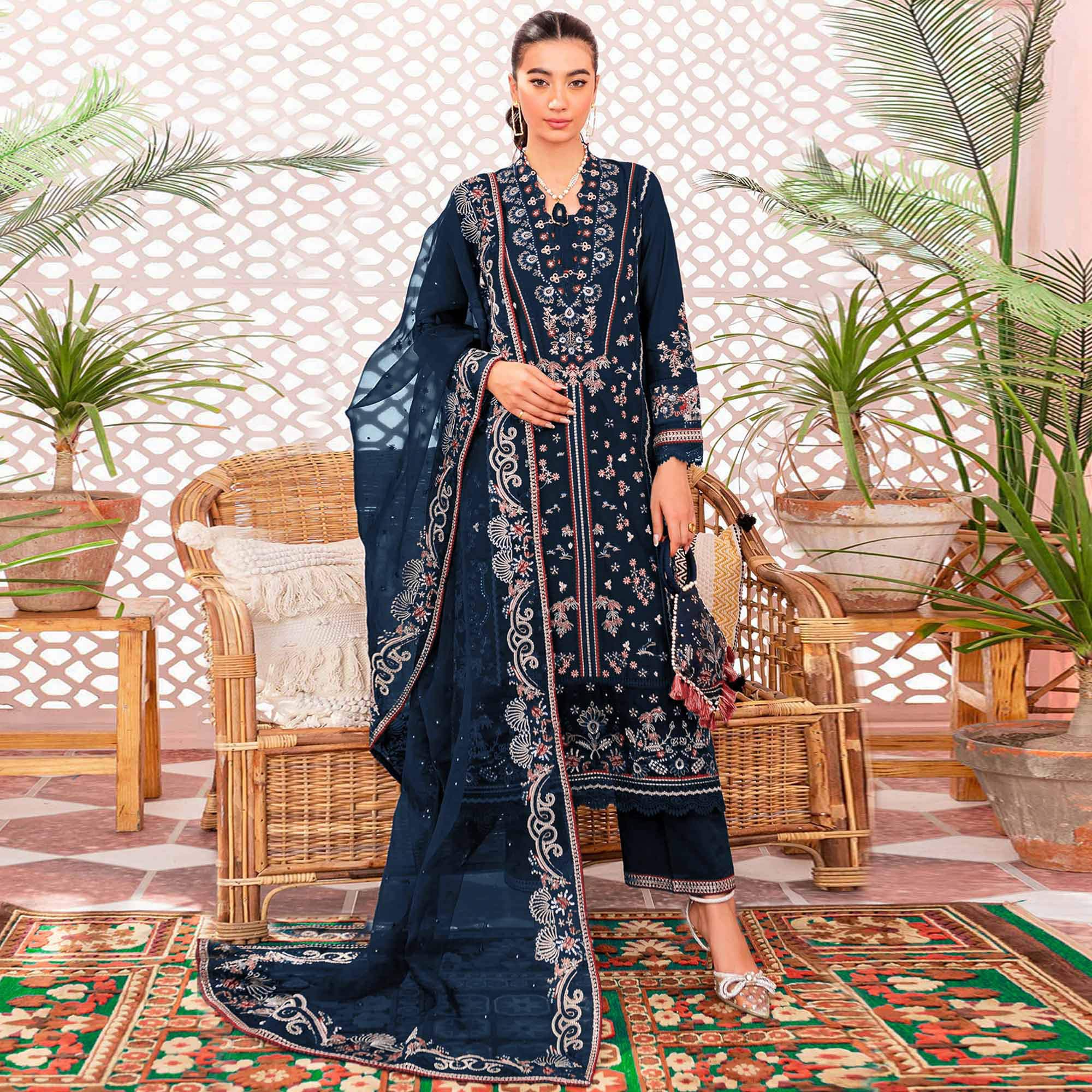 Blue Floral Embroidered Georgette Semi Stitched Suit