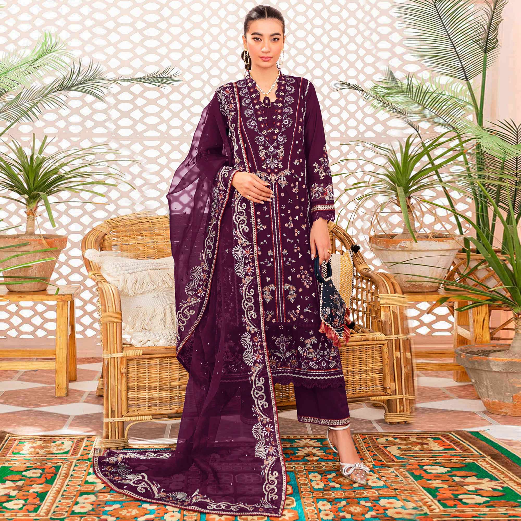 Purple Floral Embroidered Georgette Semi Stitched Suit