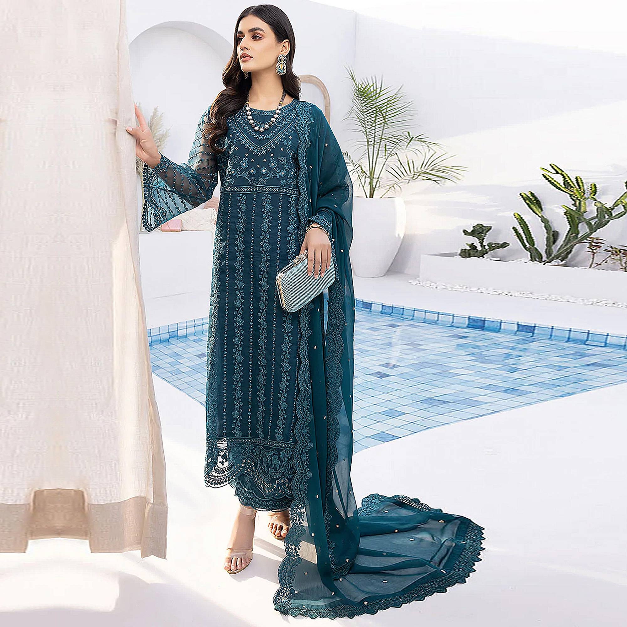 Teal Blue Floral Embroidered Organza Semi Stitched Suit
