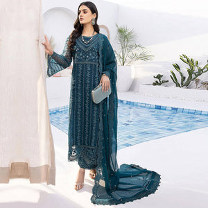 Teal Blue Floral Embroidered Organza Semi Stitched Suit
