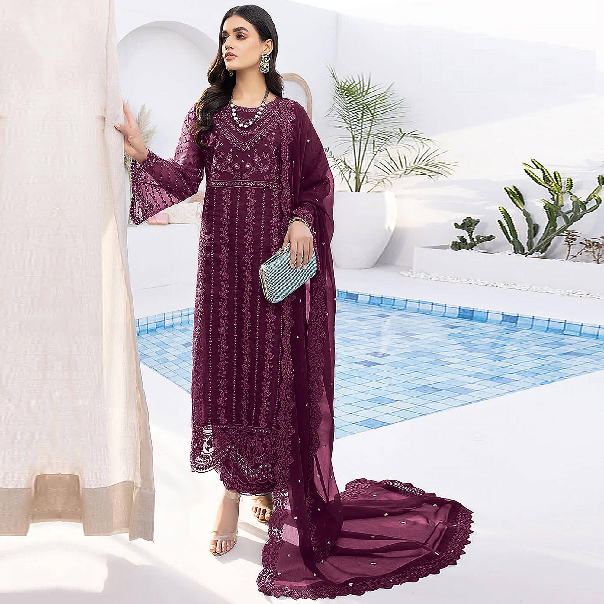 Wine Floral Embroidered Organza Semi Stitched Suit